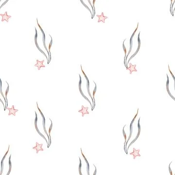 Watercolor seamless pattern marine theme . Repeating marine texture with algae Stock Illustration