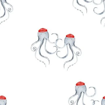 Watercolor seamless pattern on the marine theme. cute dancing octopuses in red Stock Illustration