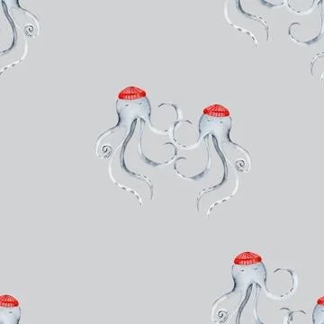 Watercolor seamless pattern on the marine theme. cute dancing octopuses in red Stock Illustration