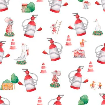 Watercolor seamless pattern with mouse, goose fire extinguisher on the white  Stock Illustration