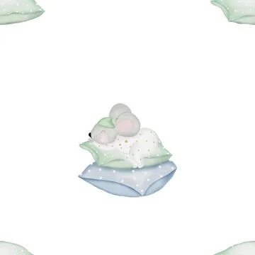 Watercolor seamless pattern with a mouse sleeping on pillows. Cute drawing of an Stock Illustration