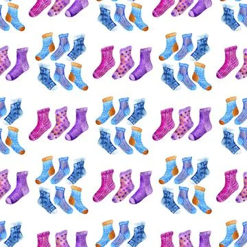 Watercolor seamless pattern with multicolored knitted socks Stock Illustration