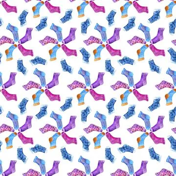 Watercolor seamless pattern with multicolored knitted socks Stock Illustration
