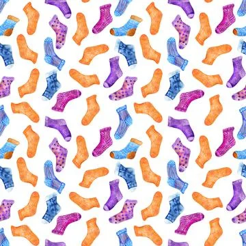 Watercolor seamless pattern with multicolored knitted socks Illustrazione stock