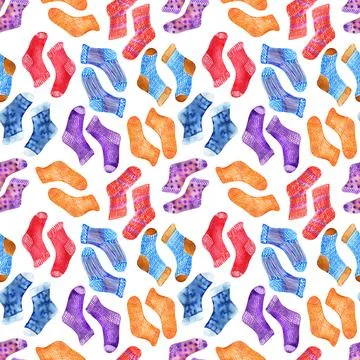 Watercolor seamless pattern with multicolored knitted socks Stock Illustration