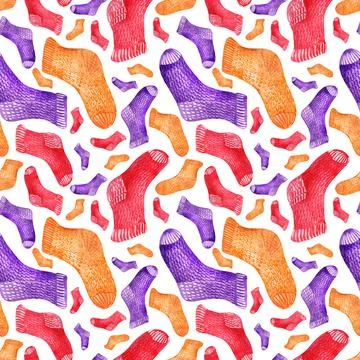 Watercolor seamless pattern with multicolored knitted socks Stock Illustration