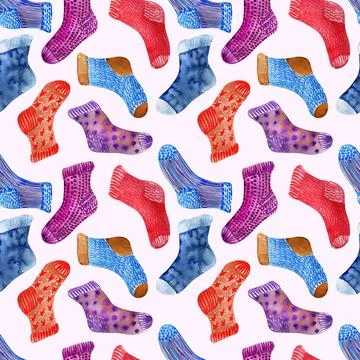 Watercolor seamless pattern with multicolored knitted socks Stock Illustration
