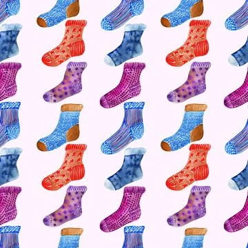 Watercolor seamless pattern with multicolored knitted socks Stock Illustration
