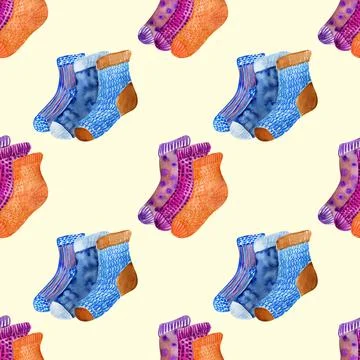 Watercolor seamless pattern with multicolored knitted socks Stock Illustration