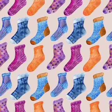 Watercolor seamless pattern with multicolored knitted socks Stock Illustration