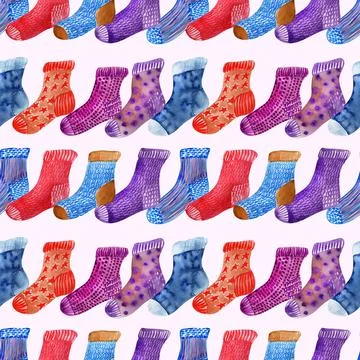 Watercolor seamless pattern with multicolored knitted socks Stock Illustration