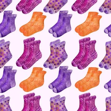Watercolor seamless pattern with multicolored knitted socks Illustrazione stock