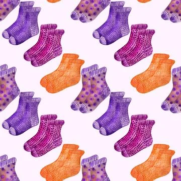Watercolor seamless pattern with multicolored knitted socks Stock Illustration