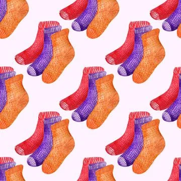Watercolor seamless pattern with multicolored knitted socks Stock Illustration
