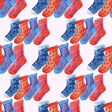 Watercolor seamless pattern with multicolored knitted socks Illustrazione stock