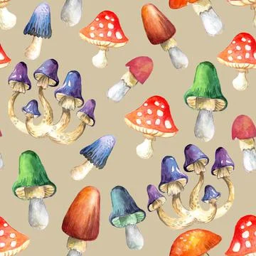 Watercolor seamless pattern with mushrooms in different colors Stock Illustration