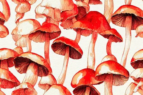 Watercolor seamless pattern nature painting Fall poison red mushroom High Stock Illustration