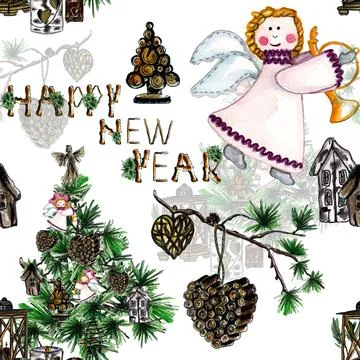 Watercolor seamless pattern of New Year tree and Christmas wooden decorations Stock Illustration