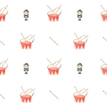 Watercolor seamless pattern nutcracker and drums. magic pattern for table Stock Illustration