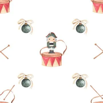 Watercolor seamless pattern nutcracker and drums. magic pattern for table Stock Illustration