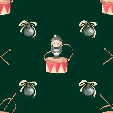 Watercolor seamless pattern nutcracker and drums. magic pattern for table Illustrazione stock