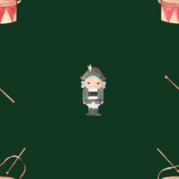 Watercolor seamless pattern nutcracker and drums. magic pattern for table Illustrazione stock