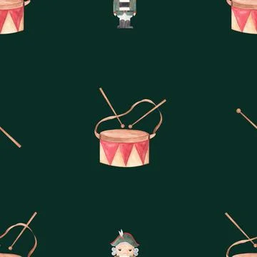 Watercolor seamless pattern nutcracker and drums. magic pattern for table Illustrazione stock