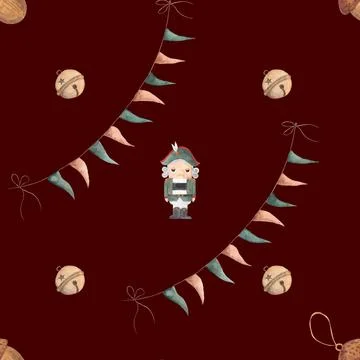 Watercolor seamless pattern with nutcracker, magic christmas toys, acorns, bells Stock Illustration