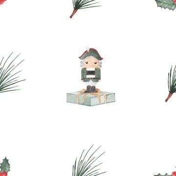 Watercolor seamless pattern with nutcracker. pattern with nutcracker, gift boxes Stock Illustration
