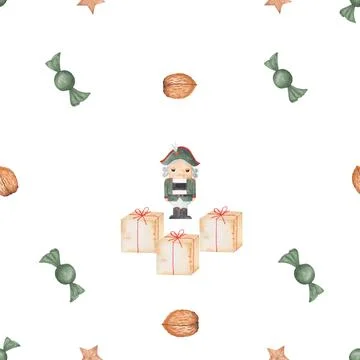 Watercolor seamless pattern with nutcracker. pattern with nutcracker, gift boxes Stock Illustration