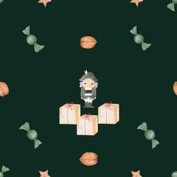 Watercolor seamless pattern with nutcracker. pattern with nutcracker, gift boxes Stock Illustration