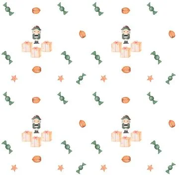 Watercolor seamless pattern with nutcracker. pattern with nutcracker, gift boxes Stock Illustration