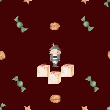 Watercolor seamless pattern with nutcracker. pattern with nutcracker, gift boxes Illustrazione stock
