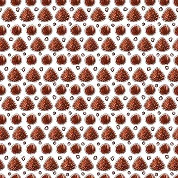 Watercolor seamless pattern with nuts and chocolates truffle Stock Illustration