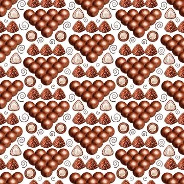 Watercolor seamless pattern with nuts and chocolates truffle Stock Illustration