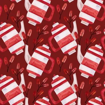 Watercolor seamless pattern with old-fashioned teapots and cups in red and white Stock Illustration