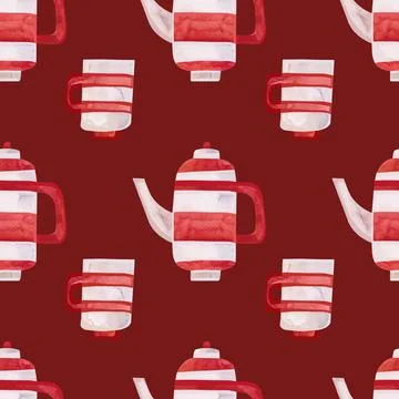 Watercolor seamless pattern with old-fashioned teapots and cups in red and white Stock Illustration