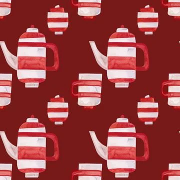 Watercolor seamless pattern with old-fashioned teapots and cups in red and white Stock Illustration