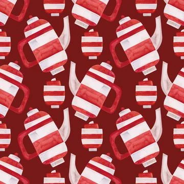 Watercolor seamless pattern with old-fashioned teapots and cups in red and white Stock Illustration