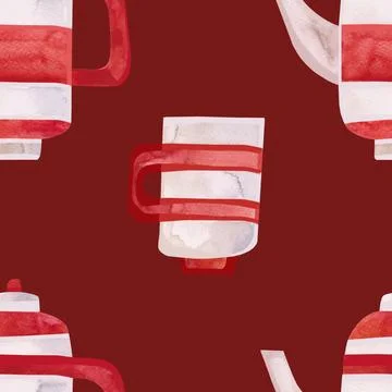 Watercolor seamless pattern with old-fashioned teapots and cups in red and white Stock Illustration