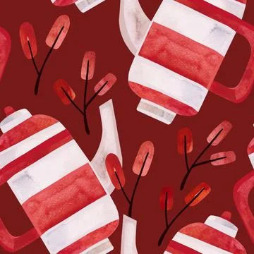 Watercolor seamless pattern with old-fashioned teapots and cups in red and white Stock Illustration