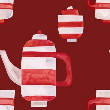 Watercolor seamless pattern with old-fashioned teapots and cups in red and white Stock Illustration