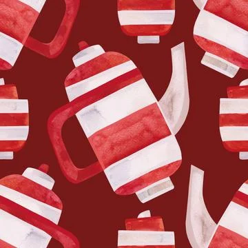 Watercolor seamless pattern with old-fashioned teapots and cups in red and white Stock Illustration