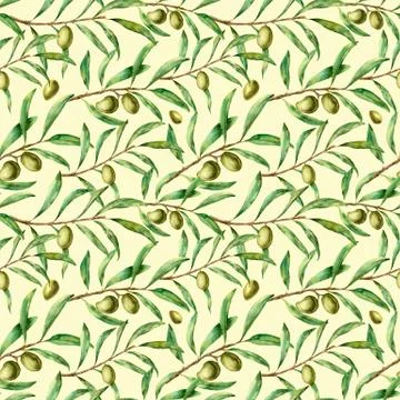 Watercolor seamless pattern with olive branches. Hand painted floral ornament Stock Illustration