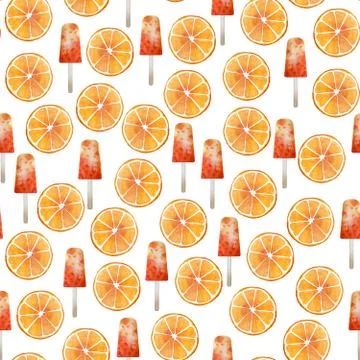 Watercolor seamless pattern with orange slice and fruit ice pops. Colorful Stock Illustration