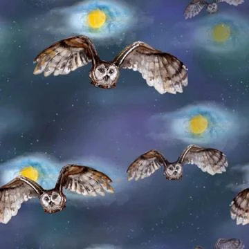 Watercolor seamless pattern with owls on a background of the full moon and stars Stock Illustration