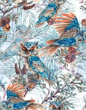 Watercolor Seamless Pattern with Owls Stock Illustration