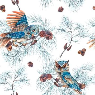 Watercolor Seamless Pattern with Owls Stock Illustration