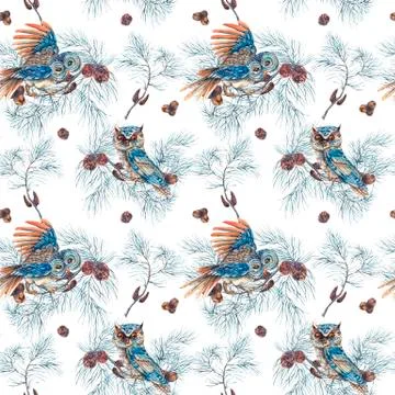 Watercolor Seamless Pattern with Owls Stock Illustration