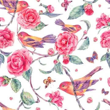 Watercolor seamless pattern with pair of birds anf camellia Stock Illustration